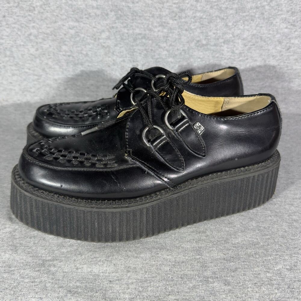 T.U.K. Men's Black Leather Boat Shoes US 7 Lace Up Round Toe Solid Goth Punk